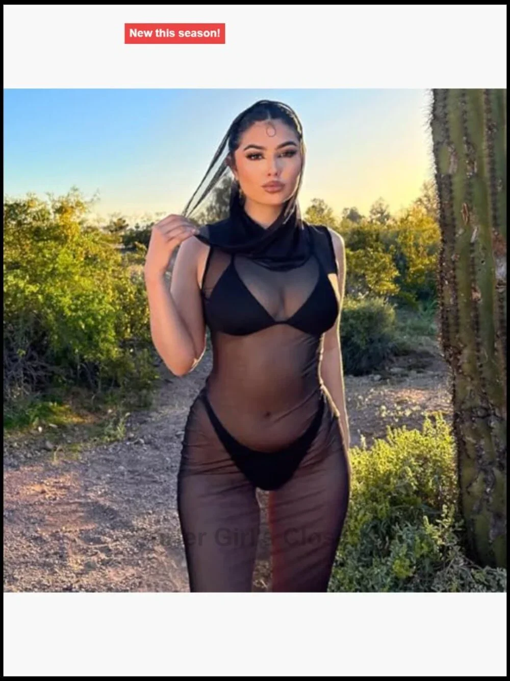 Sexy Rave Outfit Mesh Maxi Dress with Hooded Sheer Cover Up Swimsuit Bikini